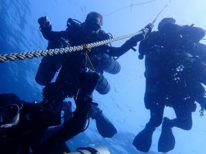 tech divers on the buoy line during seacrest and tottori maru expedition